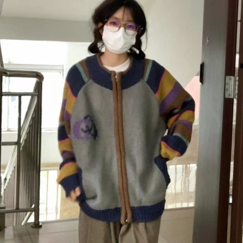 2023秋レトロコントラストレインボーストライプセーターニットカーディガンラウンドネックジッパールーズジャケットレディース