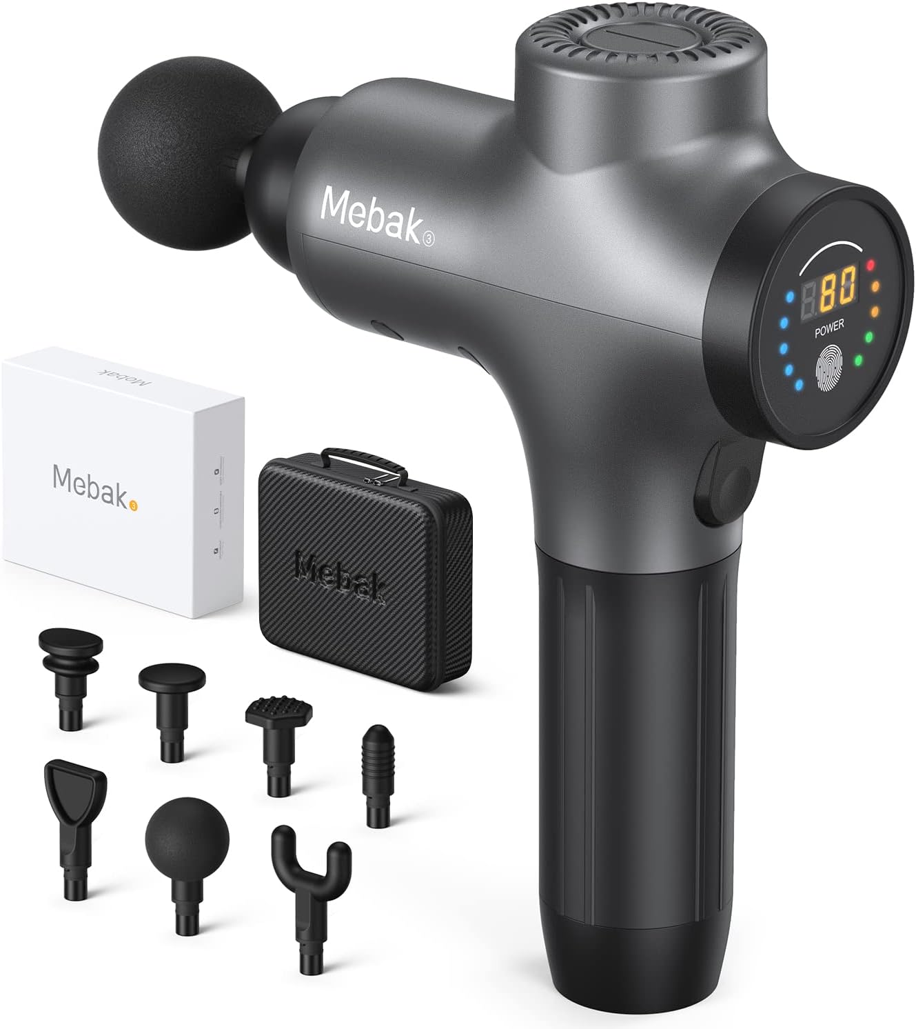 Mebak 3 筋膜リリースガン バッテリー交換可能 圧力センサー搭載 5段階振動レベル LCDタッチスクリーン搭載 7種類のアタッチメント 収納ケース 日本語取扱説明書付き 一年間メーカー保証（グレ