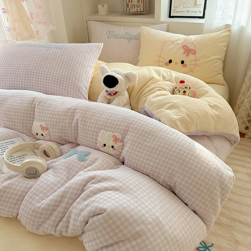 冬の厚手ミルク絨毯タオル刺繍4点セットベッド用品サンゴ絨毯ベッドシングル布団カバー3点セットベッド笠