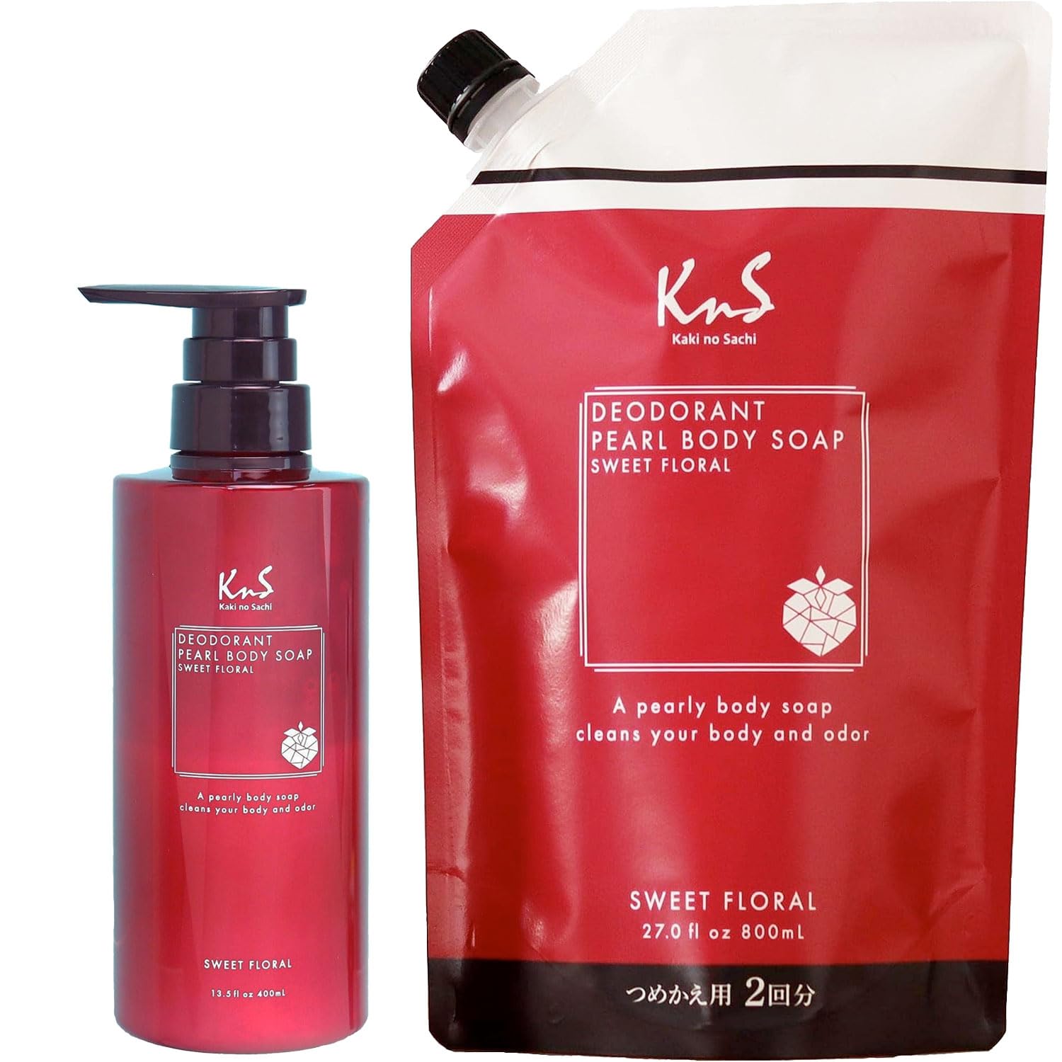 【医薬部外品】柿のさち 女性向け 薬用デオドラントパールボディソープ 本体400ｍL +詰め替え800ml 柿渋ボディーソープ KnS 体臭予防 加齢臭対策 消臭 保湿 15種のアミノ酸配合 日本製