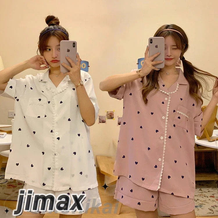 パジャマ レディース 夏 2点セット 上下セット 可愛い ハート柄 部屋着 レディース ルームウエア 半袖パジャマ 寝巻き 上品 ゆったり 綿パジャマ 2色