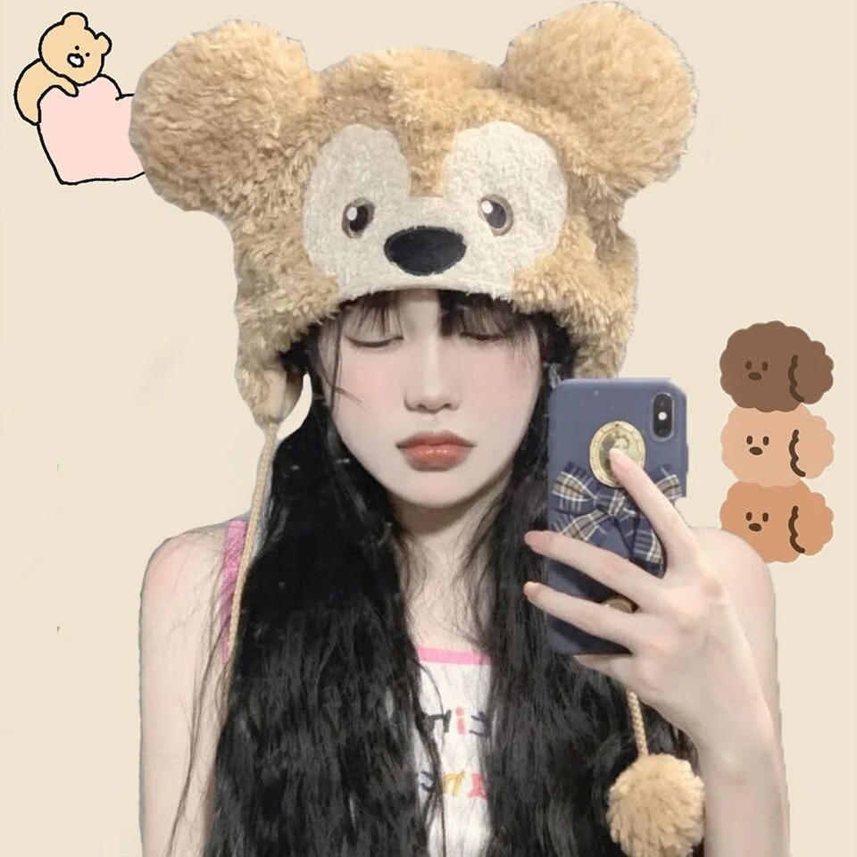 每日更新3個買うと0円引き帽子 レディース かわいい ダッフィー くま ぬいぐるみ シャーリーローズ 防寒 耳あて あったか コットン母の日