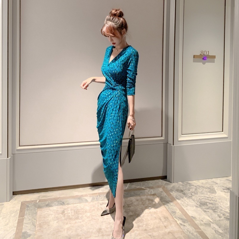 【Fellow 20％割】【JY.上品】 秋 レトロ 柄ワンピ シルム スリット ドレス パーティー 着痩せ 大人 お呼ばれ 同窓会 披露宴 卒業式 結婚式 ウェディング 二次会 成人式