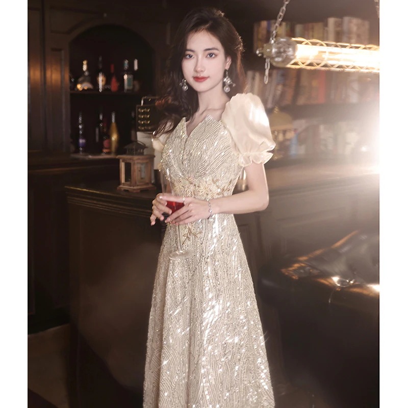 ワンピースドレスドレスドレス2025ハイエンドホスティングバンケット気質重工業界のスパンコールフラッシュ