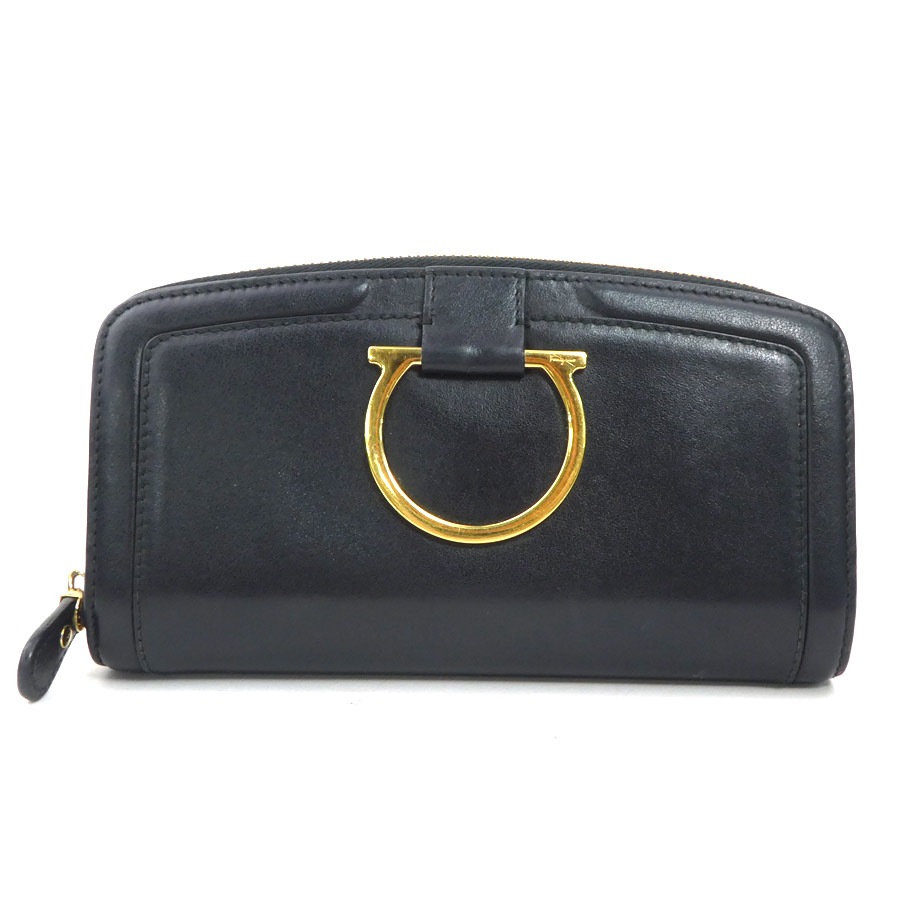 サルヴァトーレフェラガモ Salvatore Ferragamo ラウンドファスナー長財布 ガンチーニ レザー ブラック ゴールド レディース e60721a