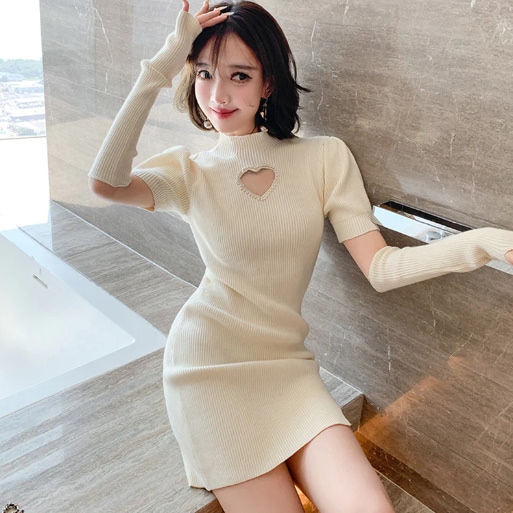 【送料無料】レディース アームカバー付き ハートカット リブ ニット ミニワンピース ドレス スリット お呼ばれ パーティー 大きいサイズ 大人可愛い ママコーデ ママファッション 韓国系