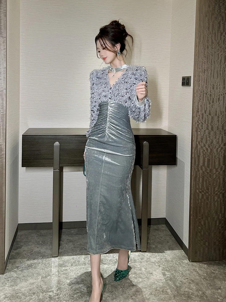 春 もふもふ ドッキング ベルベット ワンピース 皺デザイン ドレス パーティー キャバ 大人 同窓会 披露宴 卒業式 結婚式 演奏会 ウェディング 二次会 メガ割