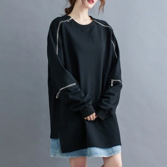 フェイク２ピース シンプル アシメ アシンメトリー トップス スカート ワンピース プルオーバー ミニ ミニ丈 ショート ショート丈 袖あり 長袖 ボリューム袖 萌袖 Uネック ラウンドネック 襟なし