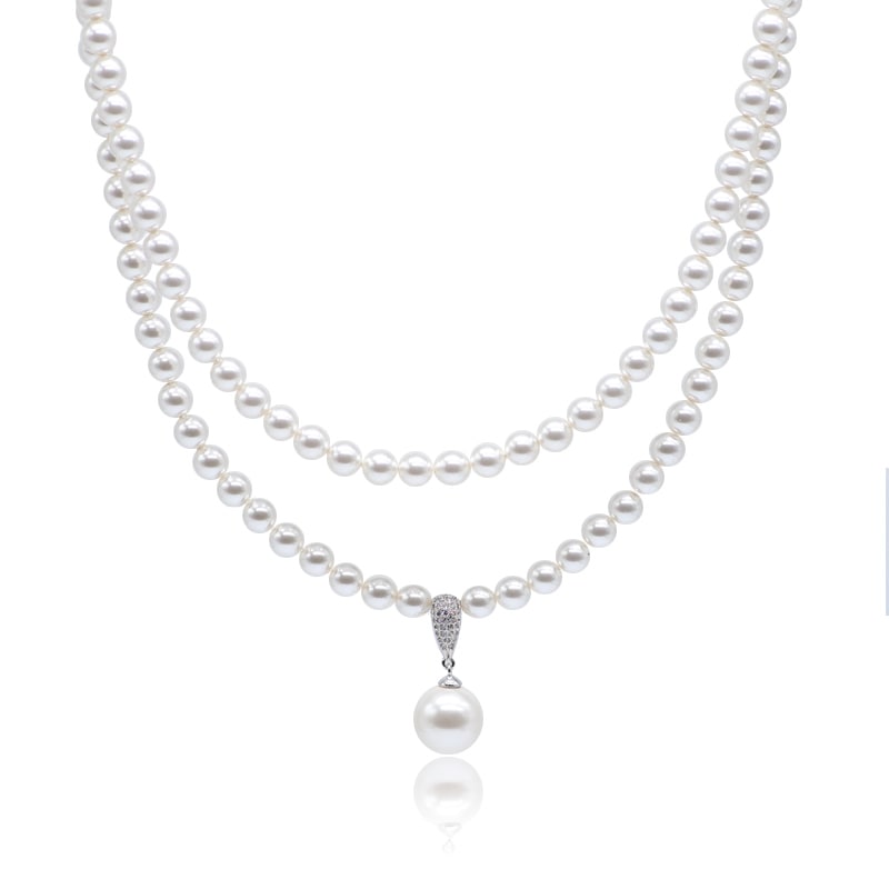 2連パールペンダントネックレス　スワロフスキーパール 6mm 12mm　シルバーカラー