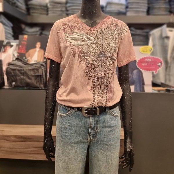 女性ヴィンテージ十字架アートワーク半袖Tシャツ_DG