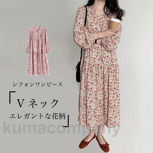 シフォンワンピース レディース ギャザーワンピース Aライン シフォン 長袖ワンピース Vネック 花柄 レトロ 春 ロングワンピ 秋 Aラインワンピース