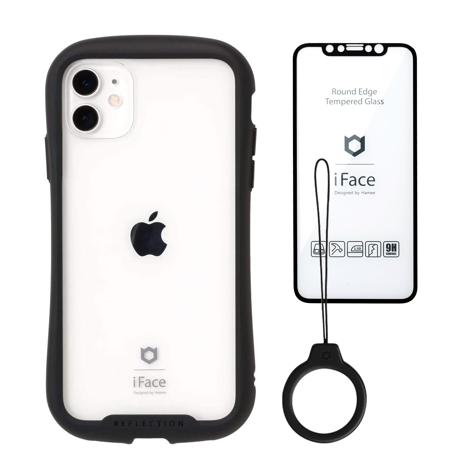 3点セット クリアケース ガラスフィルム リングストラップ iPhone14 13 12 11 SE 第3世代 第2世代 8 7 Reflection 強化ガラス