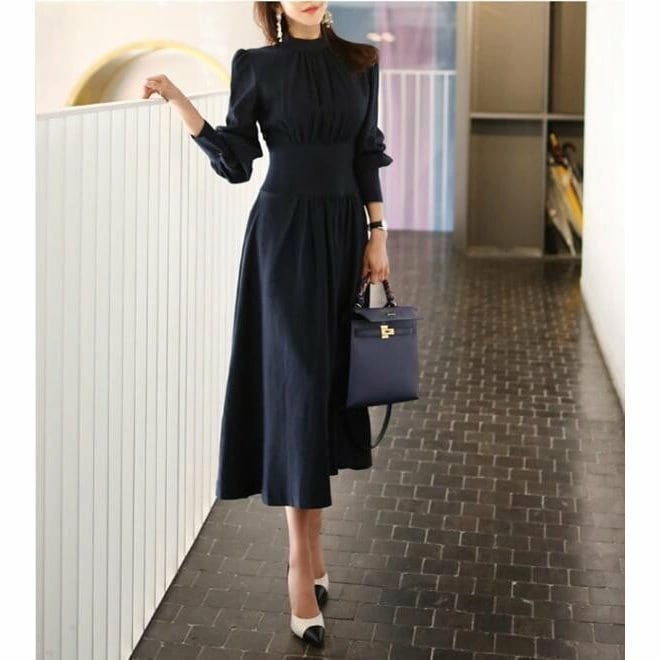 新品　秋冬ワンピース　美ラインシルエット　大人フォーマル　結婚式二次会パーティー　ミモレ丈フレアドレスlha014
