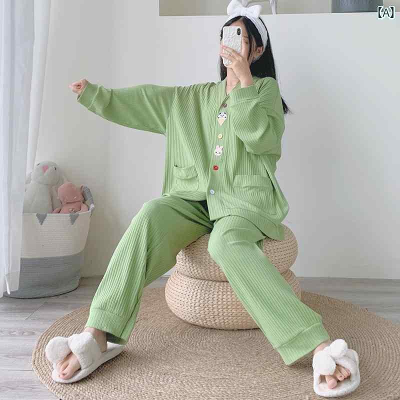 パジャマ　レディース　上下 刺繍入り Vネック ボタン 付き 大きめ サイズ 綿 パジャマ 春秋 ツーピース スーツ 長袖 太め MM 200ポンド ホーム 服