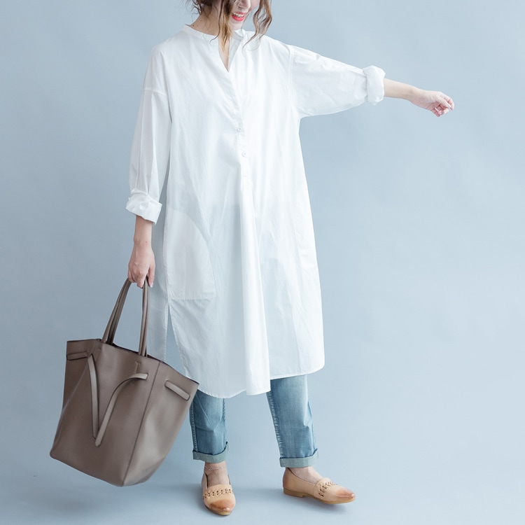 TK0024 シャツワンピース ロングシャツ サイドスリット 白シャツ オーバーサイズ