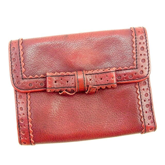 Wホック財布 二つ折り財布 リボンモチーフ ボルドー系 中古