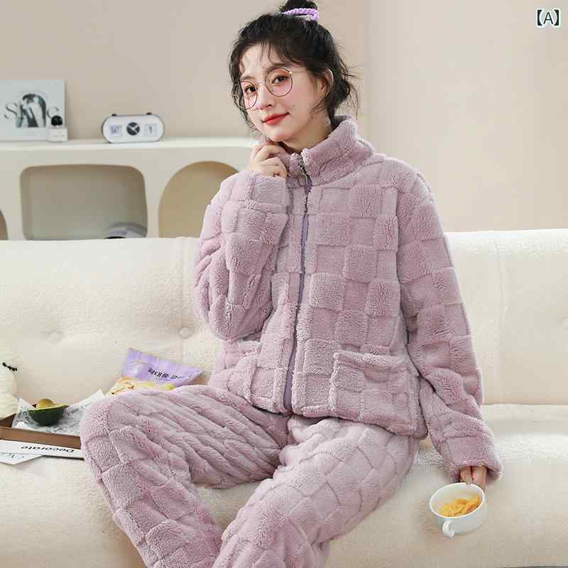 ルームウェア レディース パジャマ 部屋着 ガーリー 秋冬 長袖 ジッパー スタンドカラー 暖かい チェック柄 パープル ホワイト ピンク