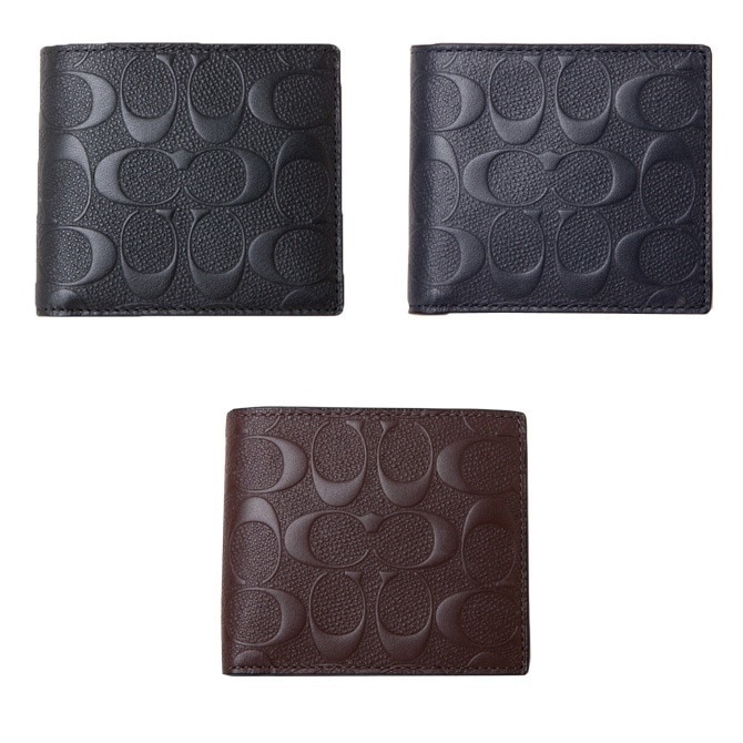 二つ折り財布メンズデボスド シグネチャー クロスグレーン レザー コイン ウォレット f75363