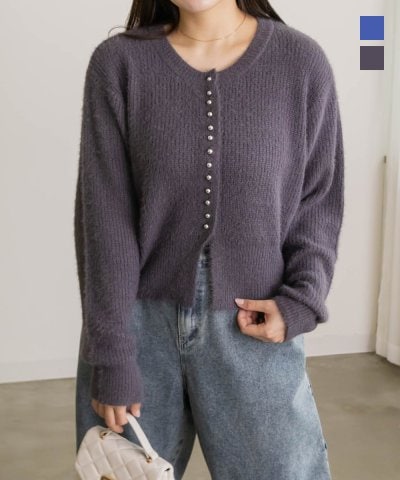 大きいサイズ レディース LL 3L 4L XL XXL XXXL シルバーボタンフェザーニットカーディガン
