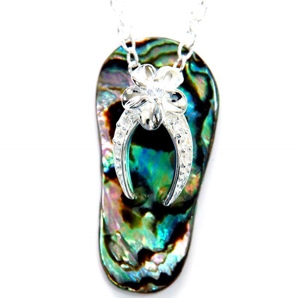 ハワイアンジュエリー ペンダント ネックレス アワビ貝 ビーチサンダル プルメリア フラワー 花緒 クリアジルコニア レディース シルバー925