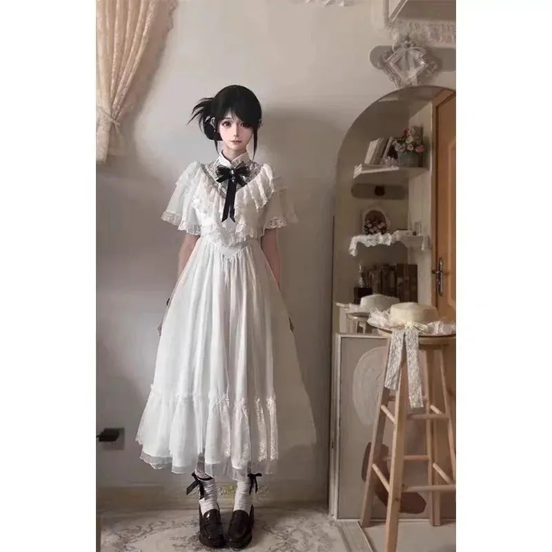 二次元 メイド服甘い雰囲気たっぷり蝶リボンケープ付きショートスリーブレースワンピース ～スリムシルエットで大人可愛い～通勤/デートに 大人気アメリカンハロウィンロリータ