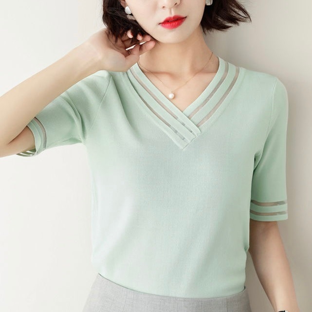 レディース トップス サマーセーター サマーニット 半袖 Vネック ハイウエスト 透け感 シースルー コンサバ かわいい 大人可愛い きれいめ シンプル 上品 おしゃれ レトロ こなれ感 ラフ