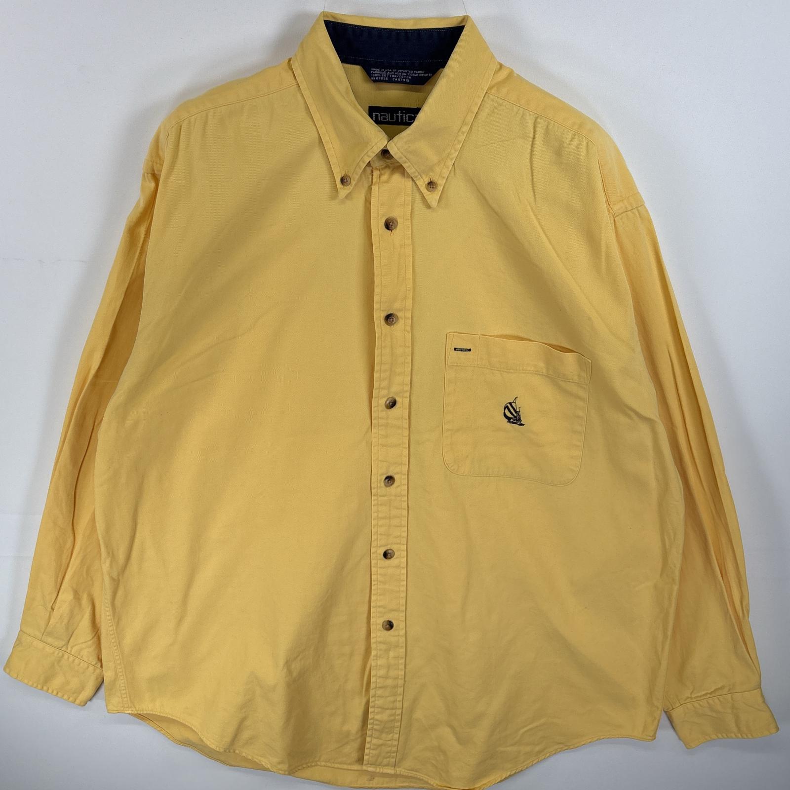 古着 90s/90年代 長袖シャツ ボタンダウンシャツ ワンポイント ロゴ 刺繍 USA製 L イエロー 無地 メンズ