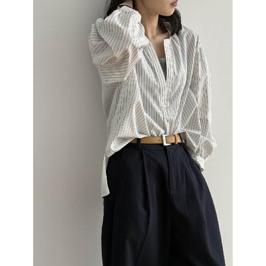 ブラウス レディース 春 夏 秋 Vネック ストライプ柄 無地 シャツ Vネック ブラウス 2点セット インナーキャミ付き トップス ブラウス 長袖 フェミニン 着回し