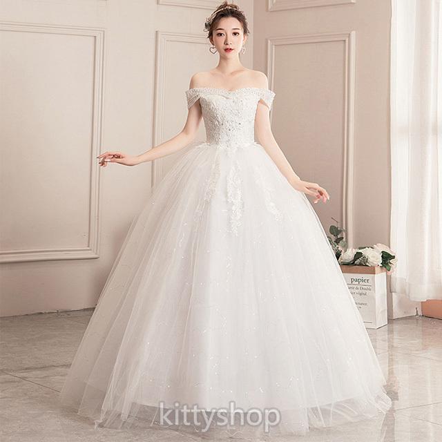 ウェディングドレス オフショルダー ボートネック ブライダルドレス 白 ホワイトドレス Aライン 結婚式ドレス ロングドレス 二次会 披露宴 プリンセス