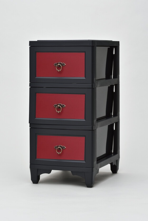 Cuddly[カドリー]　組立式プラスチック収納チェスト3段　ブラックマダーレッド　北欧風