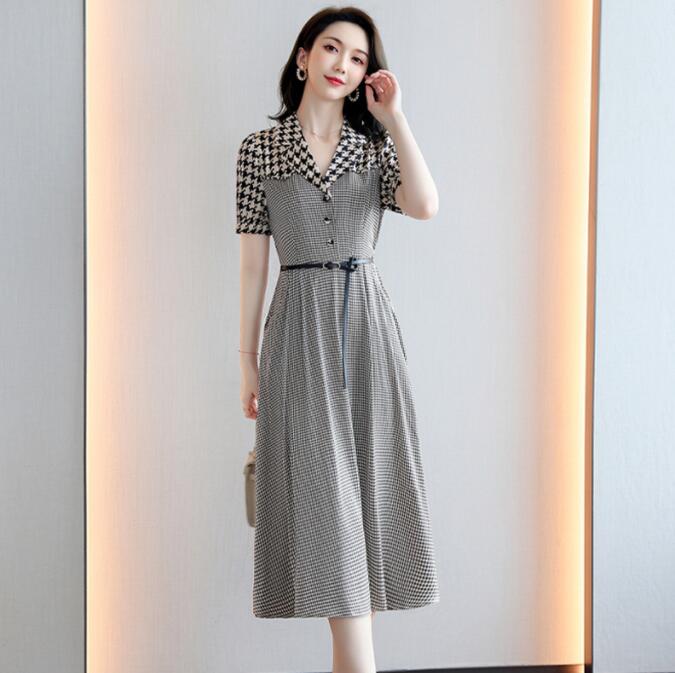 レディースワンピース 高級感 チェック 3色 ベルト付き 新着 春 夏 秋 着痩せ コーヒー グリーン グレー シングルブレスト Aライン 通勤 ビジネス カジュアル OL オフィス 半袖ワンピース