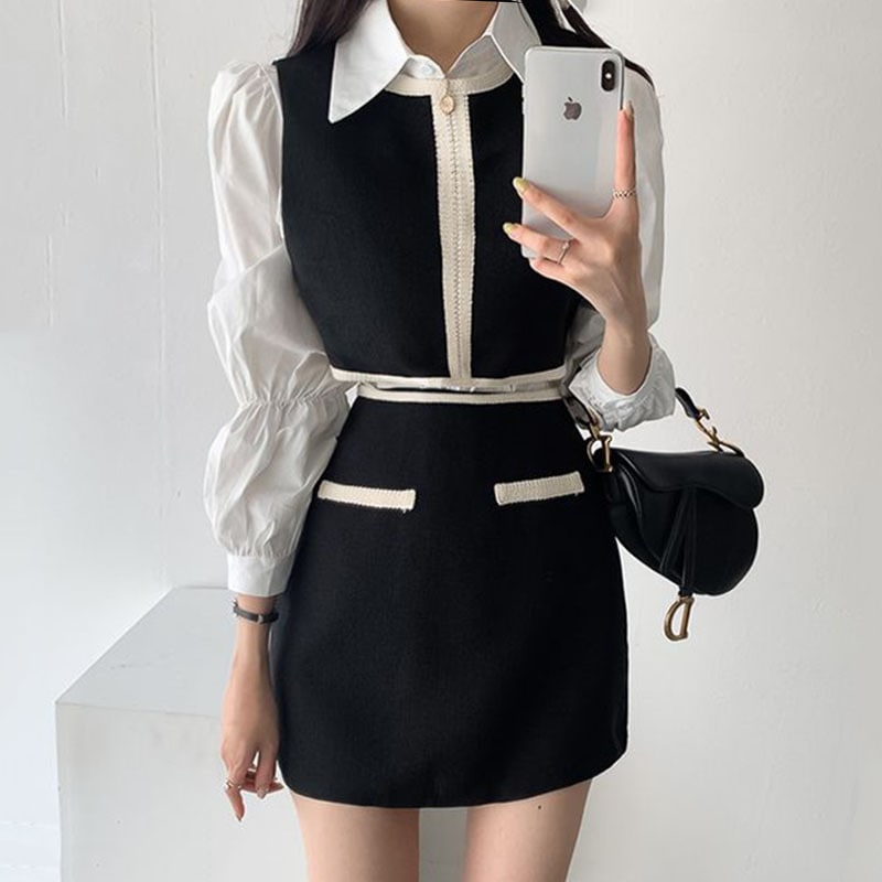 襟付きワンピース セットアップ ベスト ミニスカート ミニ ミニ丈 袖なし ノースリーブ ラウンドネック ハイウエスト 前開き 上下セット 2点セット ツーピース かわいい 大人可愛い きれいめ