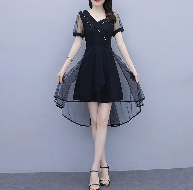 袖切り替えワンピース ワンピース フレアワンピース ワンピドレス ミニ ミニ丈 袖あり 半袖 Vネック フレア Aライン 切り替えデザイン チュール 切り替えデザイン ハイウエスト 透け感 シースルー