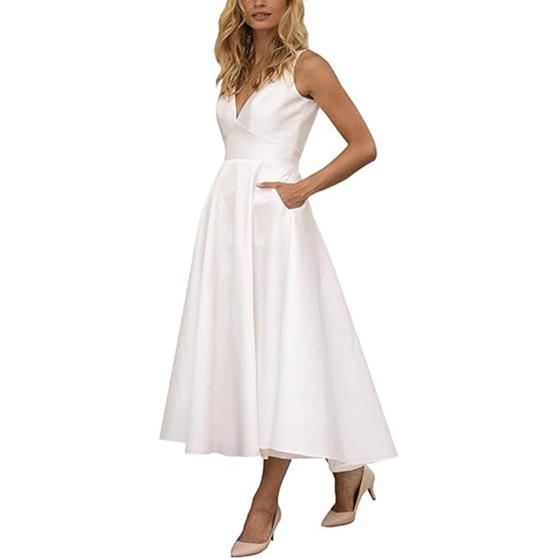 ドレス2025女性のエレガントなvネックの袖なしのしわのついた裾カクテルパーティーポケットスプリング