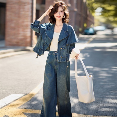 秋 カジュアルおしゃれ ラペルデニムセット