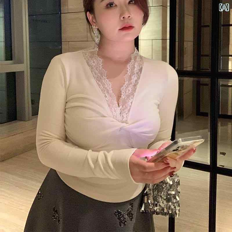 大きめサイズ レディース トップス カジュアル おしゃれ デート 女子会 普段使い ぽっちゃり 冬 無地 Vネック レース Tシャツ ディザイア スリムフィット インナー ツイスト