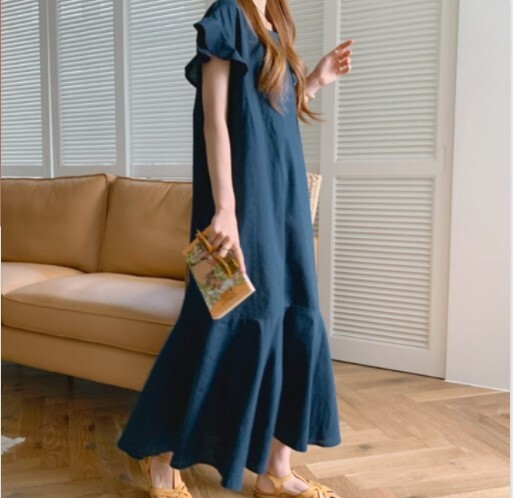 【送料無料】レディース フレアワンピース サマードレス フリルスリーブ ワンピース 袖フリル