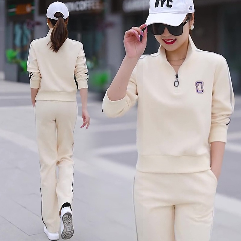 カジュアルスポーツ服セット女性秋2023年秋ファッション立襟ガードルストレートパンツ2点セット