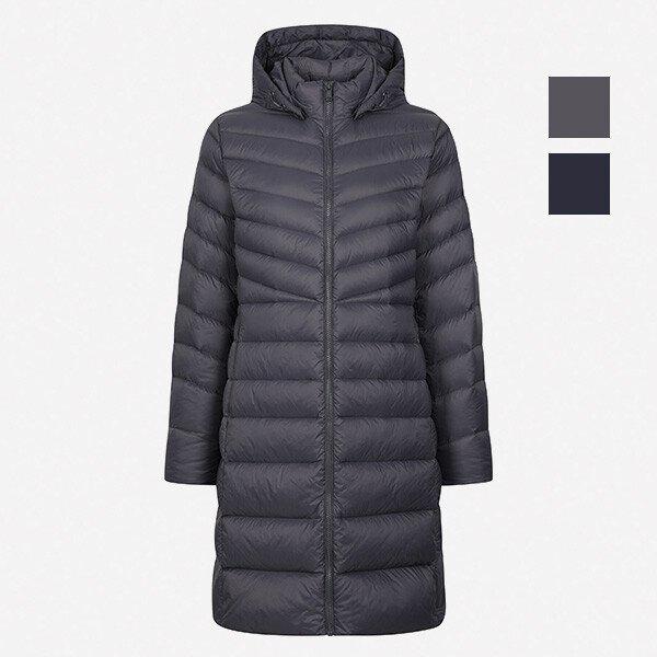 女性斜めラインフード軽量ロングパディングジャンパー(NUI809)