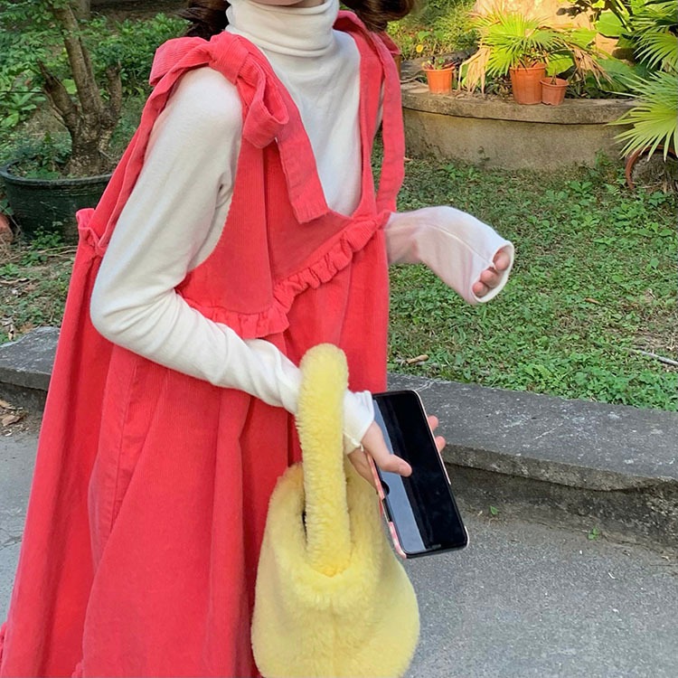 ワンピース レディース ジャンパースカート 3カラー 韓国 フリーサイズ ピンク パープル グリーン カラバリ 無地 Aライン ロング丈 ロングワンピース ボトムス ノースリーブ コーデュロイ フリル