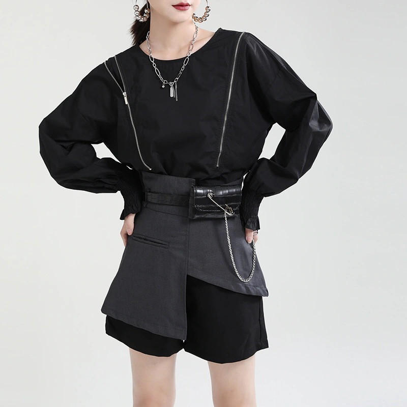 秋先取り今っぽシアーシャツ無地トップスシャツファスナーバブル袖丸ネック黒＆白カジュアルゆとり