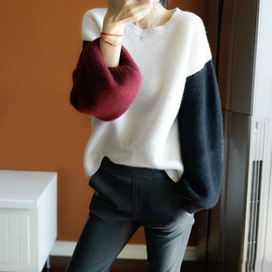 ニットトップス レディース ニット セーター プルオーバー トップス ラウンドネック 配色 長袖 ボリューム袖 カシミア ルーズシルエット シンプル 無地 カジュアル お出かけ おしゃれ