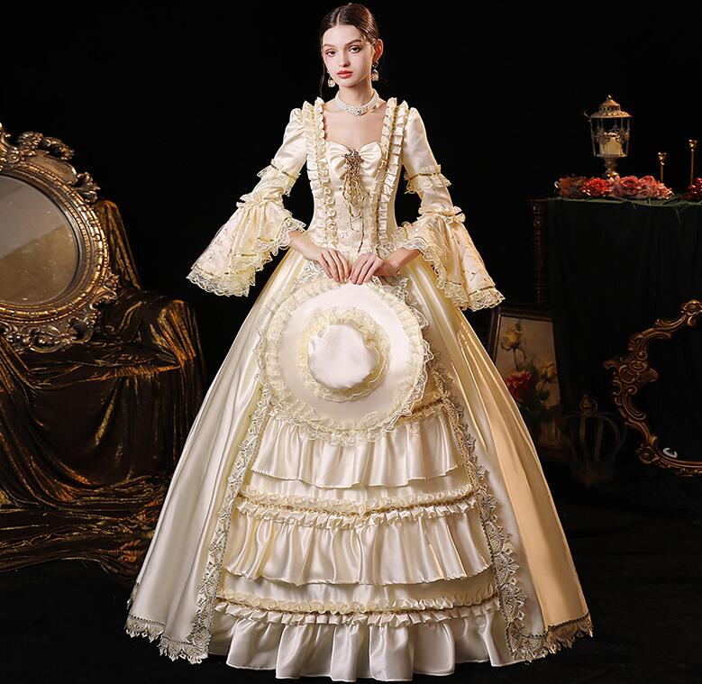 可愛い 宮廷ドレス 中世貴族風ドレス 高級感 ステージ衣装 パーティードレス ハロウィン クリスマス 貴族ドレス 華やか フレア袖 帽子付き オペラ声楽 舞踏会 プリンセスドレス ヨーロッパ風ドレス