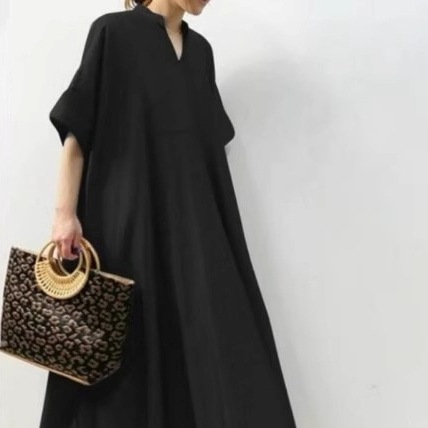 ワンピース ロングワンピース 5分袖 Vネック フレアスカート ロング丈 かわいい 大人可愛い きれいめ シンプル 上品 おしゃれ かっこいい カジュアル こなれ感 個性的 主役級 存在感 抜け感 春
