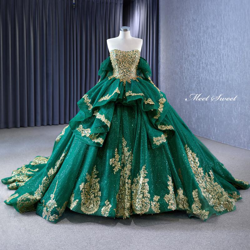 カラードレス プリンセスライン グリーン ベアトップ 刺繍 袖付き ロングドレス ウェディングドレス 結婚式 二次会 花嫁 前撮り 演奏会 発表会 ステージ衣装