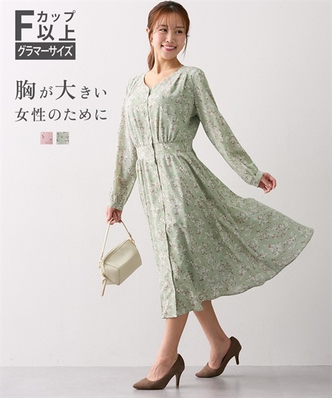 ロング・マキシ丈/半袖 大きい胸専用 Vネックボンキュボン２WAY 花柄長袖 ワンピース ポケット付裏地付