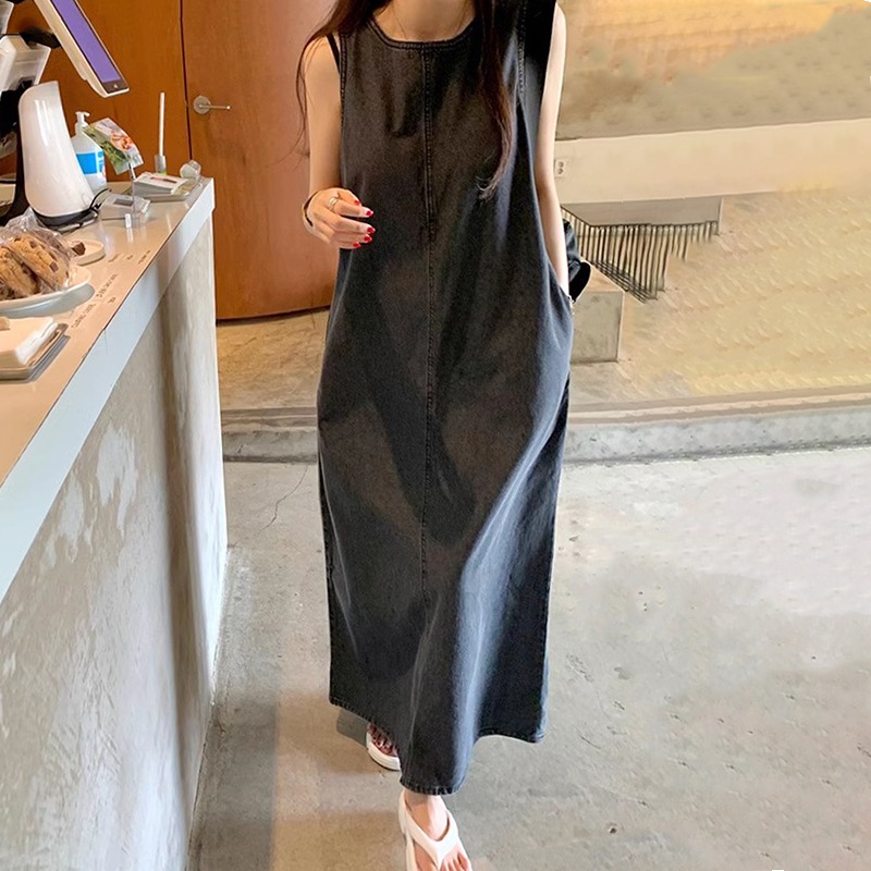 ワンピース ロングワンピース デニムワンピース ノースリーブワンピース バックリボン ラウンドネック かわいい 大人可愛い きれいめ シンプル 上品 おしゃれ かっこいい カジュアル こなれ感 個性的