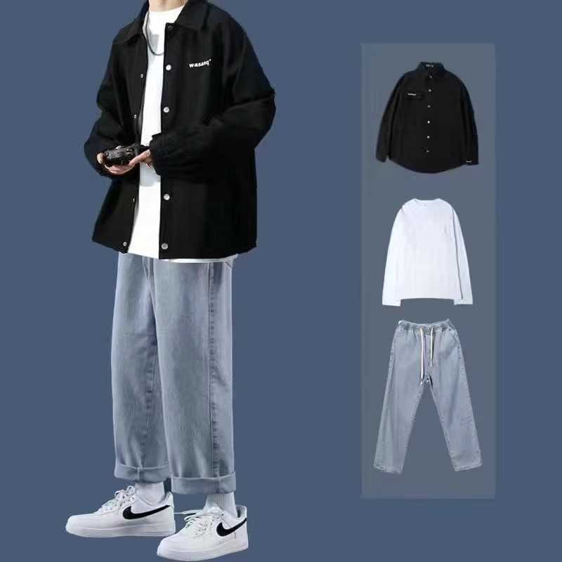 春秋ファッション カジュアルコート メンズジャケット+長袖Tシャツ＋ジーンズ セットアップ 3点セット
