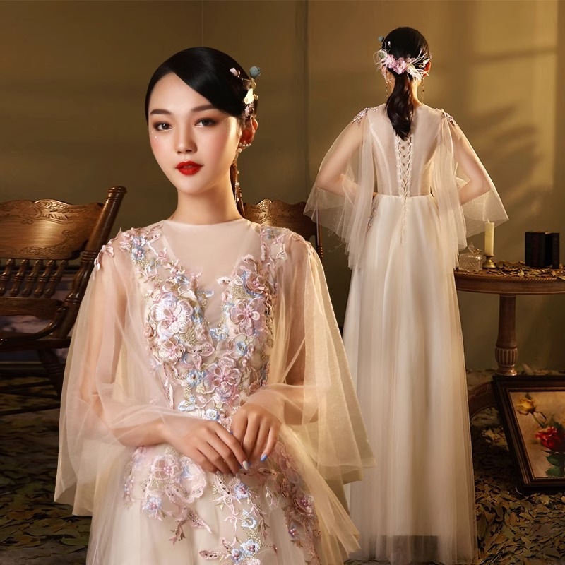 イブニングドレスロング痩身アート試験ドレス女性ベルカントソロステージホストパフォーマンス服チュチュスカート写真スタジオカラフルな糸