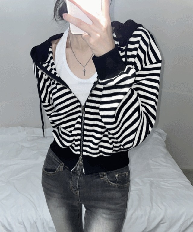 コージーワッフルストライプ セミクロップツーウェイパーカージップアップ (2color)